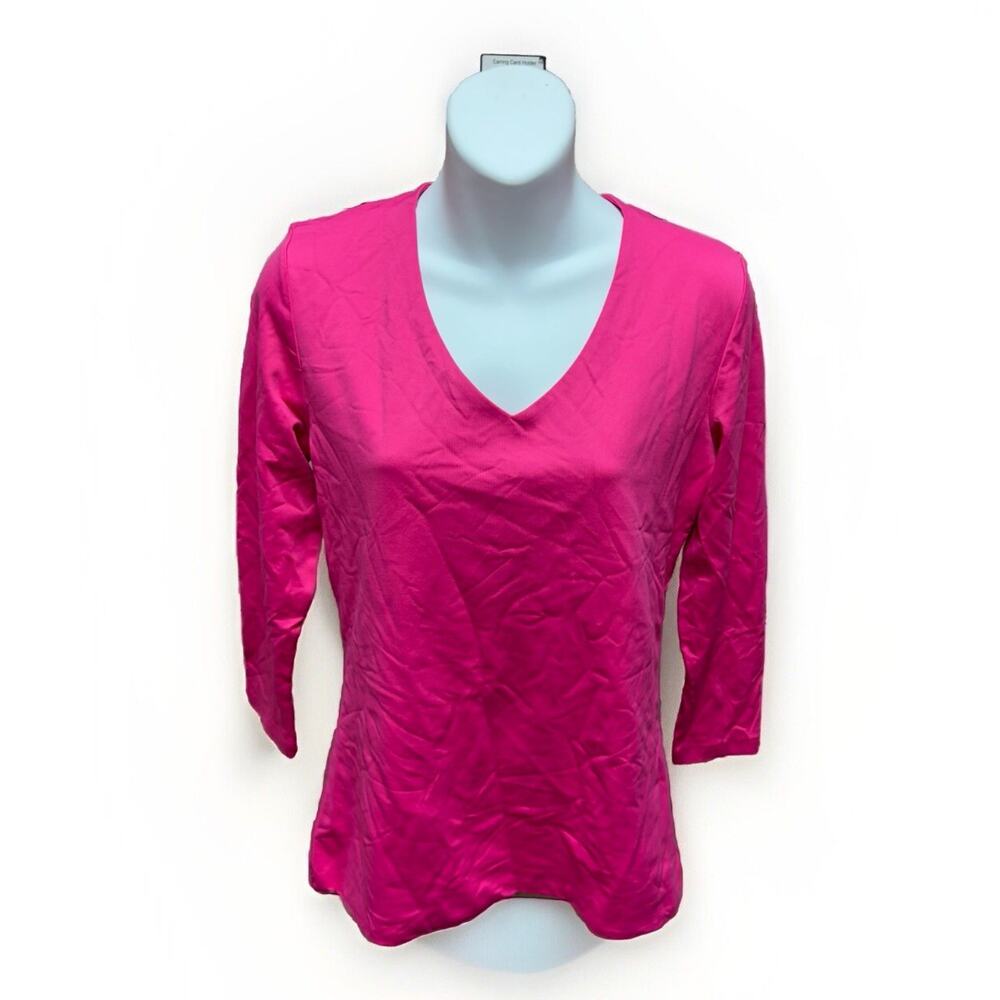 JudyP Womens Shirt Size Small V-neck Casual Blouse Top 3/4 Sleeve Pink